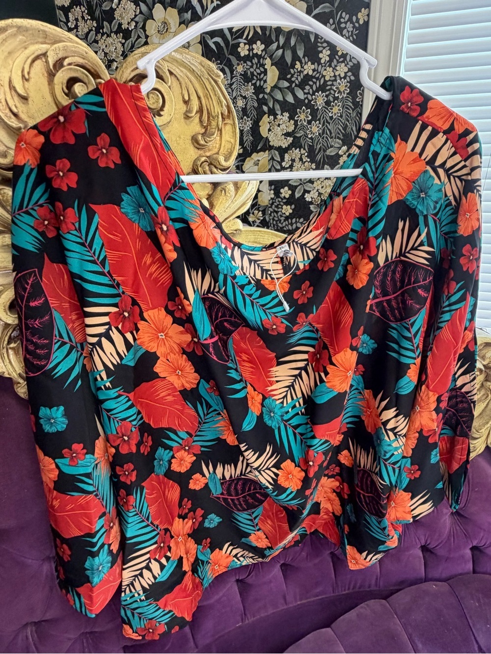 Tropical Floral Draped Women's Blouse - Black with Red & Teal Accents